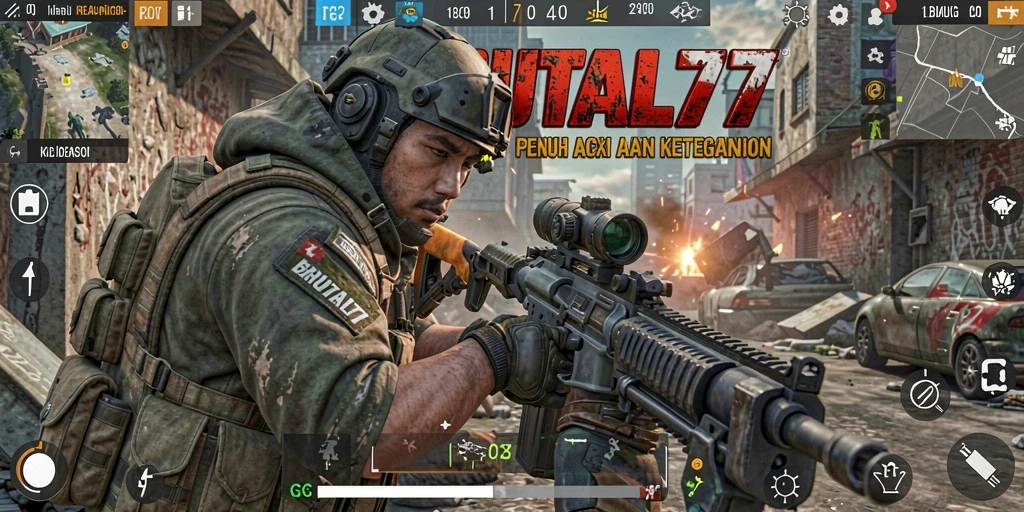Screenshot gameplay BRUTAL77 yang menampilkan aksi tembak-tembakan yang intens.