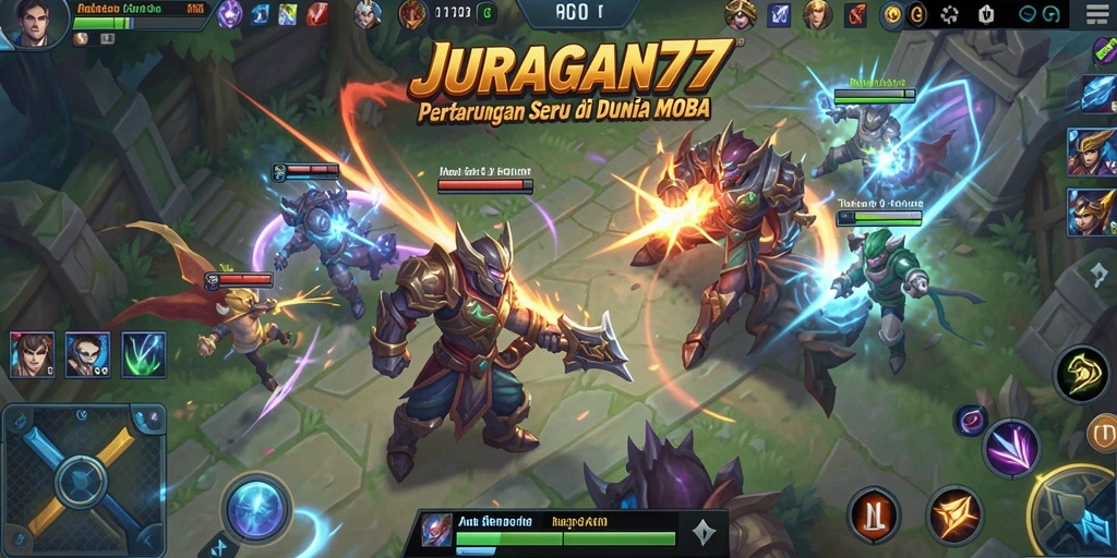 Tampilan gameplay intens dari JURAGAN77 dalam pertempuran MOBA.