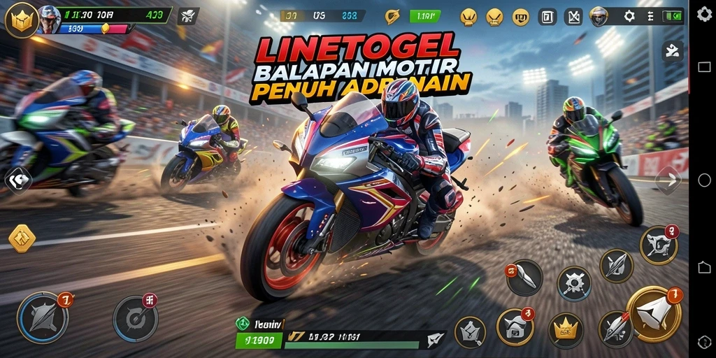 Tampilan gameplay mendebarkan dari LINETOGEL dalam balapan motor.