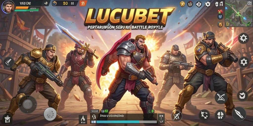 Screenshot gameplay LUCUBET menampilkan pertempuran intens di arena Battle Royale.