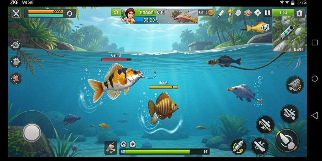 Tampilan gameplay ZK6 yang menarik saat memancing ikan di alam bebas.
